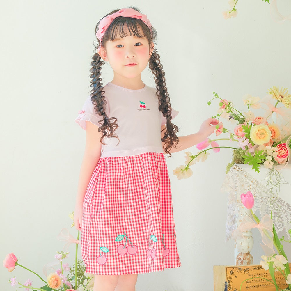 ベビー服 女の子 チェリー刺? ギンガムチェック柄 ドッキングワンピース
