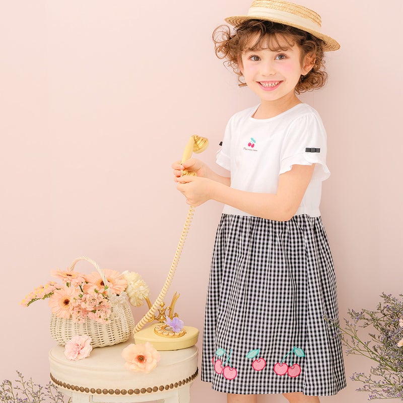 ベビー服 女の子 子ども服 こども キッズチェリー刺? リボン ギンガムチェック柄 ドッキングワンピース