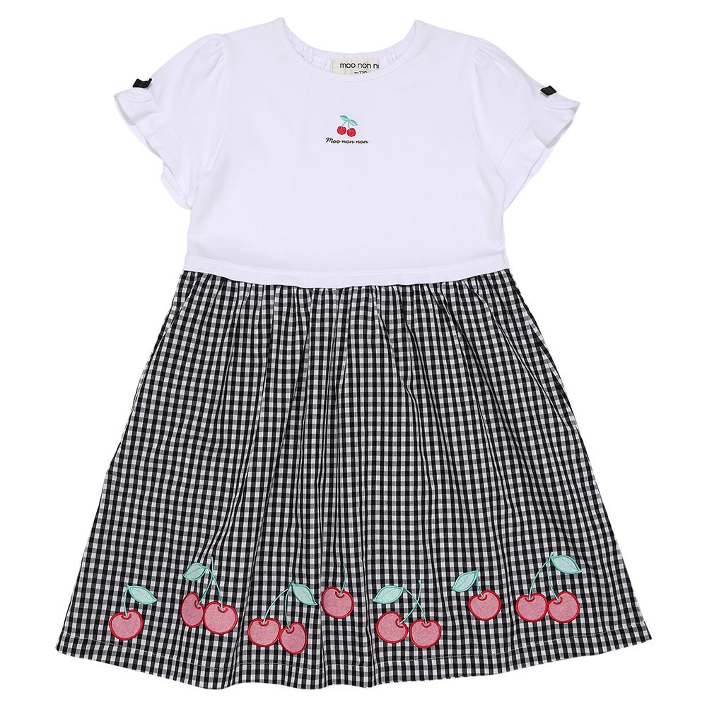 ベビー服 女の子 チェリー刺? ギンガムチェック柄 ドッキングワンピース ブラック(00) 正面