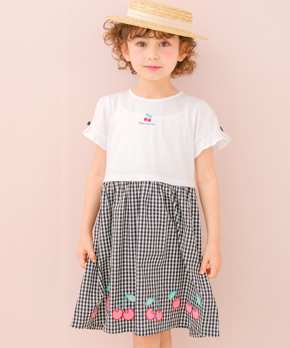 ベビー服 女の子 子ども服 こども キッズチェリー刺? リボン ギンガムチェック柄 ドッキングワンピース ブラック(00) モデル画像アップ