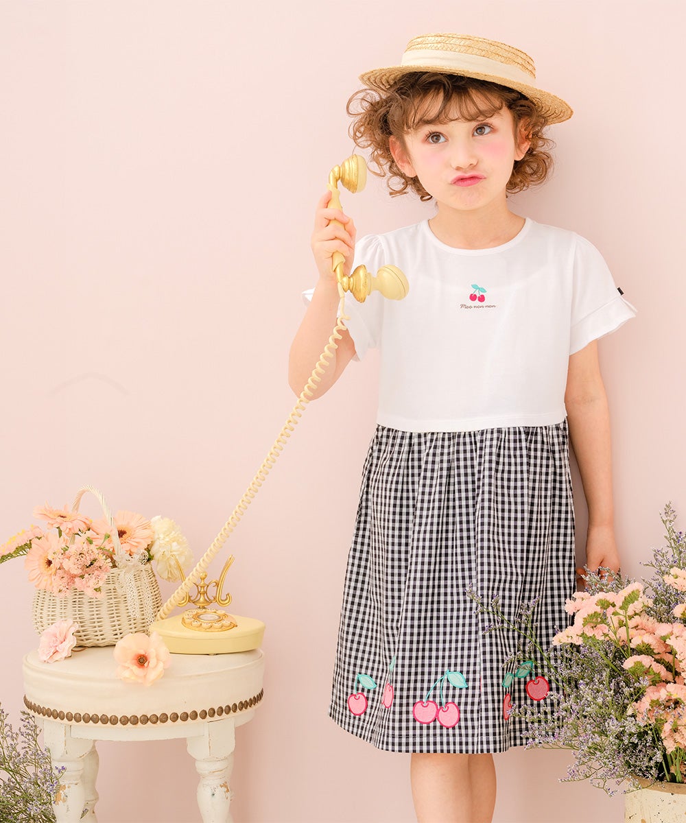 ベビー服 女の子 子ども服 こども キッズチェリー刺? リボン ギンガムチェック柄 ドッキングワンピース ブラック(00) モデル画像1