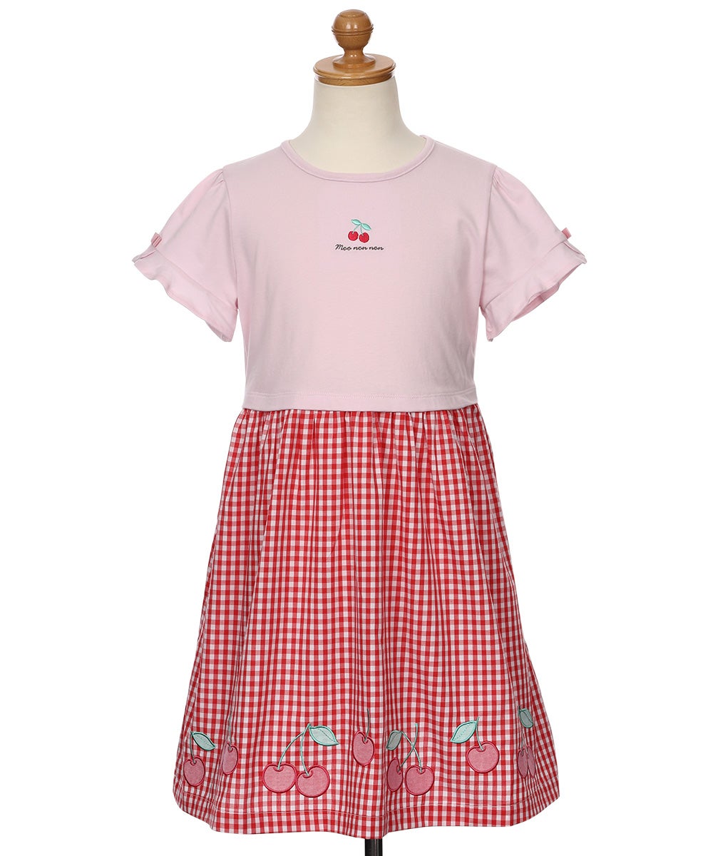 ベビー服 女の子 子ども服 こども キッズチェリー刺? リボン ギンガムチェック柄 ドッキングワンピース レッド(03) トルソー正面