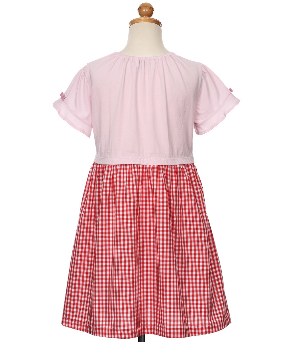 ベビー服 女の子 子ども服 こども キッズチェリー刺? リボン ギンガムチェック柄 ドッキングワンピース レッド(03) トルソー背面