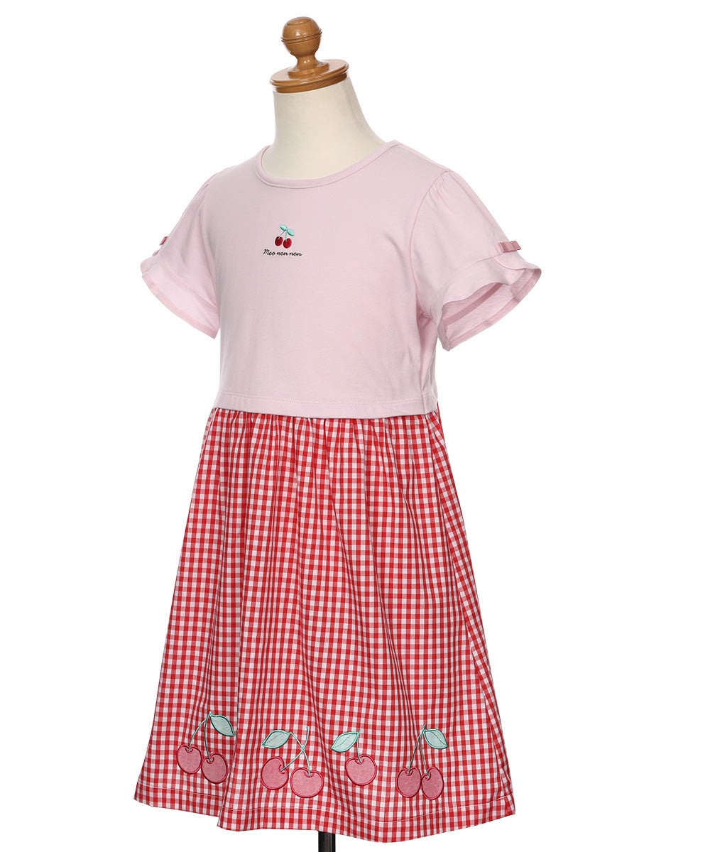 ベビー服 女の子 チェリー刺? ギンガムチェック柄 ドッキングワンピース レッド(03) トルソー斜め