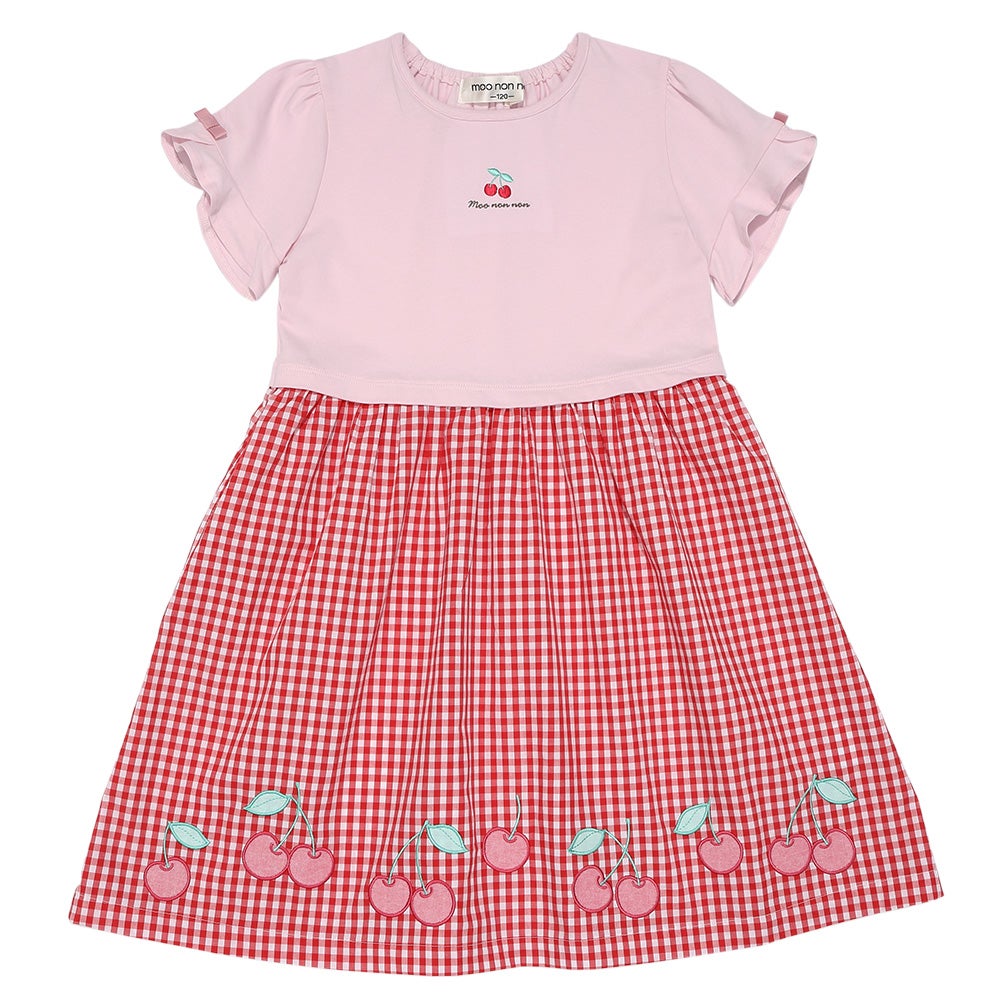 ベビー服 女の子 チェリー刺? ギンガムチェック柄 ドッキングワンピース レッド(03) 正面