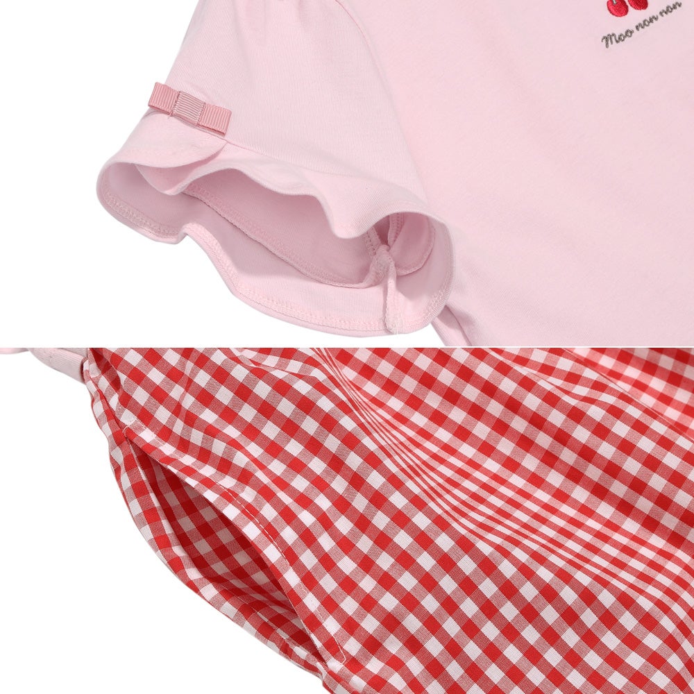 ベビー服 女の子 子ども服 こども キッズチェリー刺? リボン ギンガムチェック柄 ドッキングワンピース レッド(03) デザインポイント2