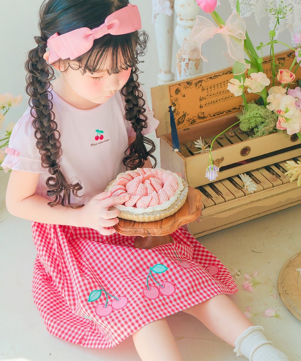 ベビー服 女の子 子ども服 こども キッズチェリー刺? リボン ギンガムチェック柄 ドッキングワンピース レッド(03) モデル画像1