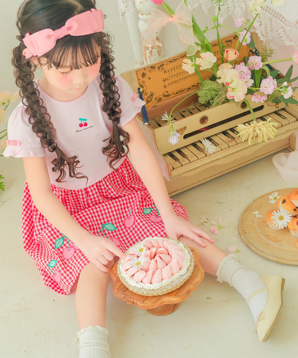 ベビー服 女の子 チェリー刺? ギンガムチェック柄 ドッキングワンピース レッド(03) モデル画像2