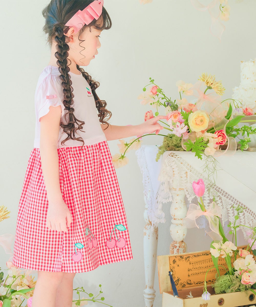 ベビー服 女の子 子ども服 こども キッズチェリー刺? リボン ギンガムチェック柄 ドッキングワンピース レッド(03) モデル画像3