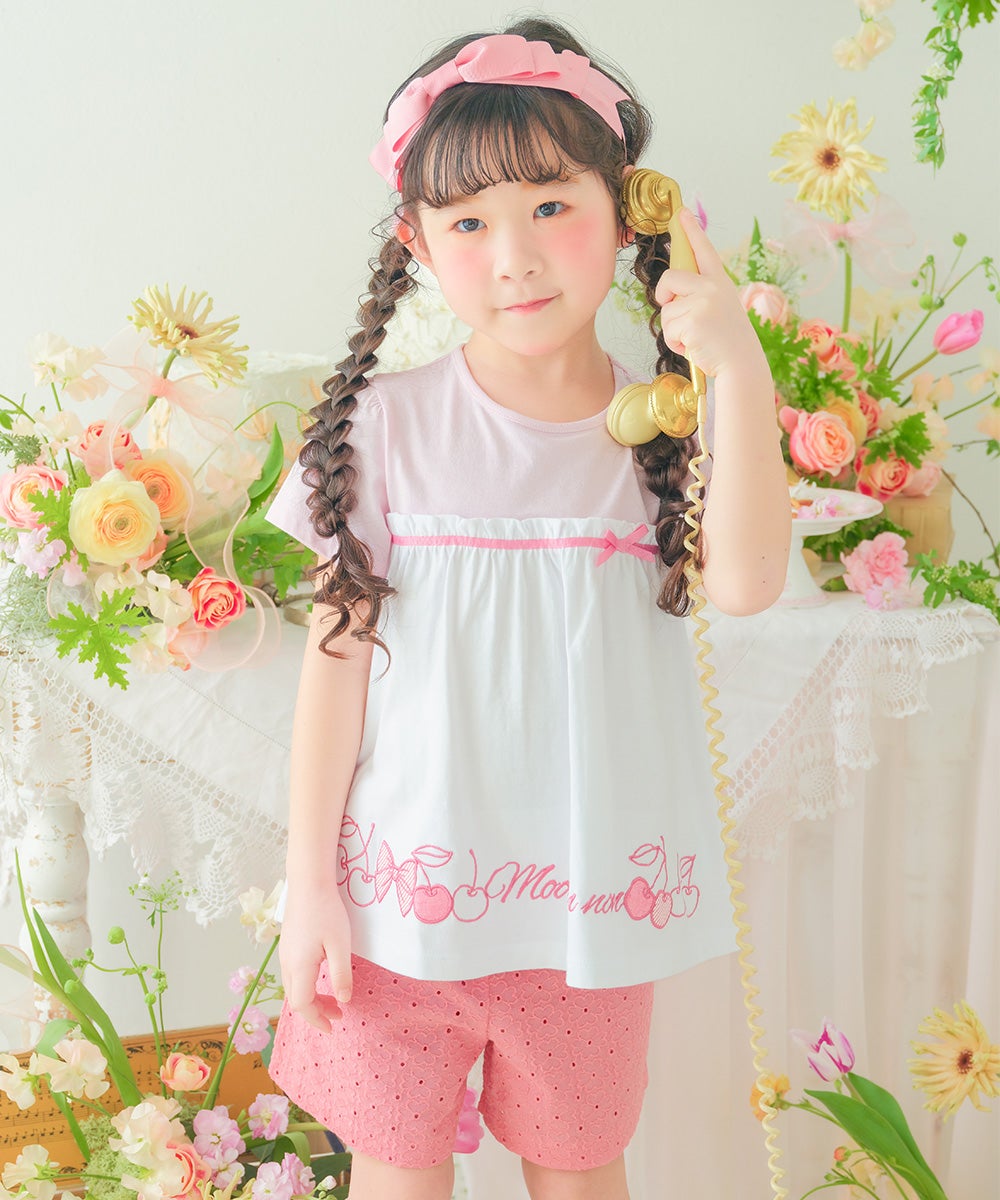 子供服 女の子 花柄 レース リボン 裏地つきショートパンツ ピンク(02) モデル画像1