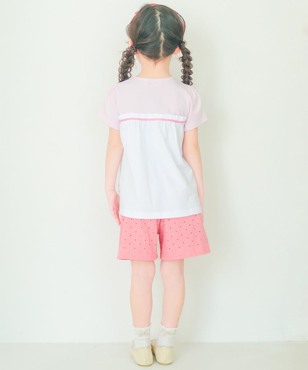 子供服 女の子 花柄 レース リボン 裏地つきショートパンツ ピンク(02) モデル画像2