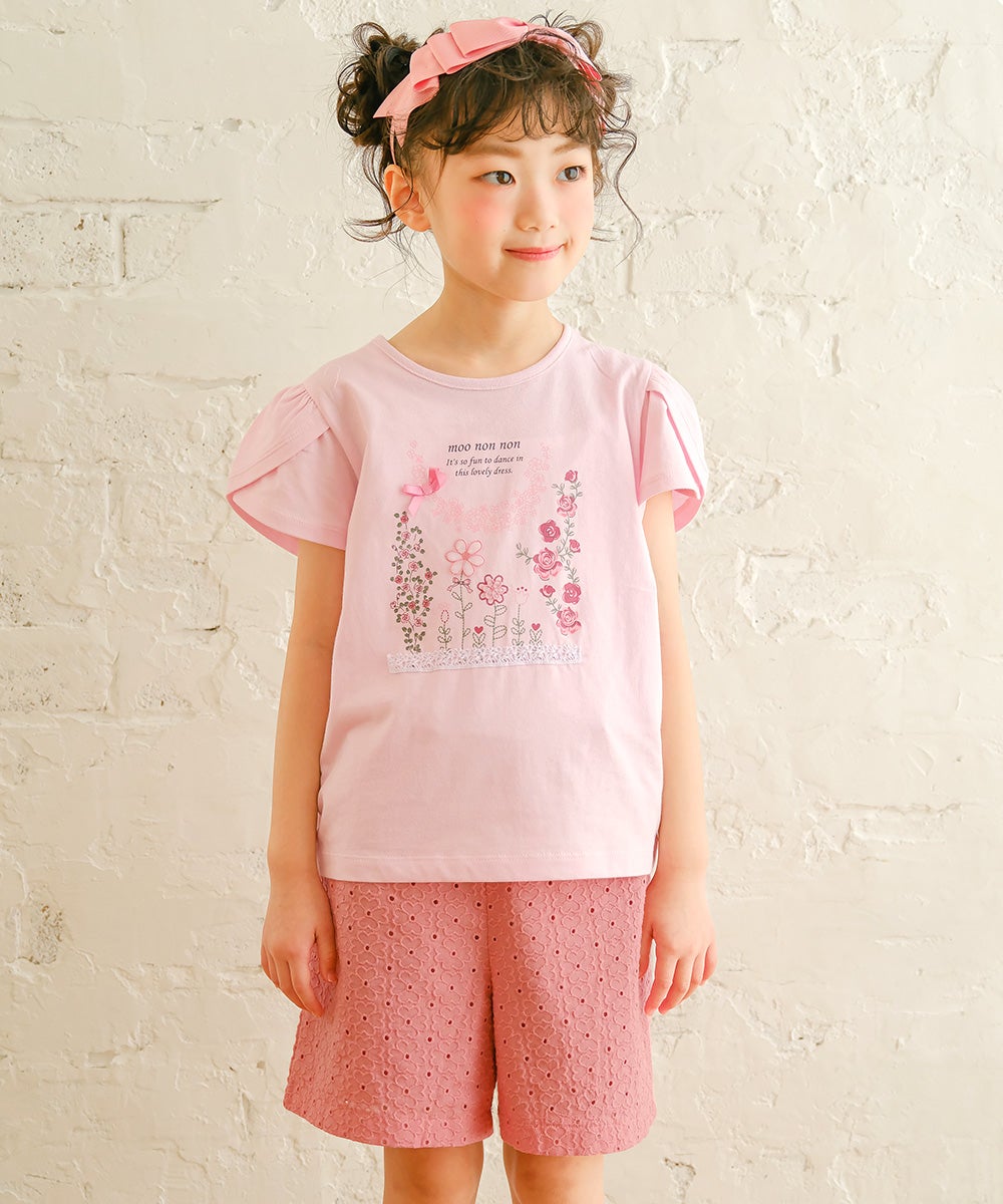 子供服 女の子 花柄 レース リボン 裏地つきショートパンツ ピンク(02) モデル画像2