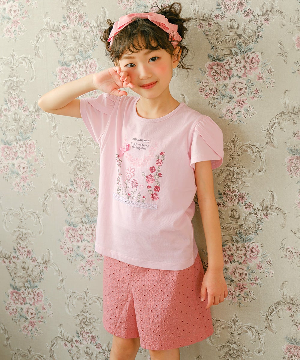 子供服 女の子 花柄 レース リボン 裏地つきショートパンツ ピンク(02) モデル画像2