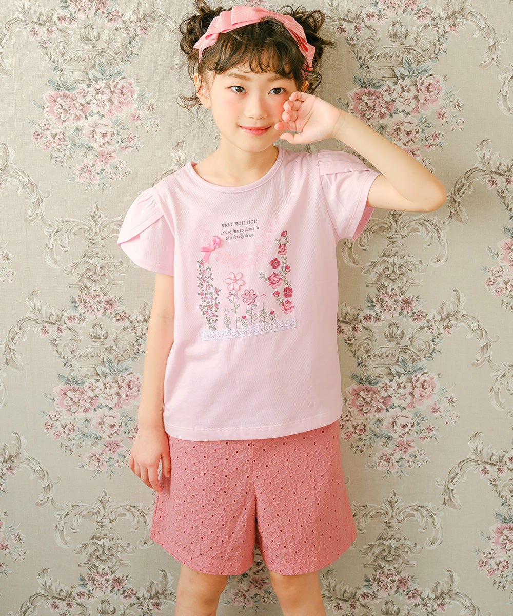 子供服 女の子 花柄 レース リボン 裏地つきショートパンツ ピンク(02) モデル画像2