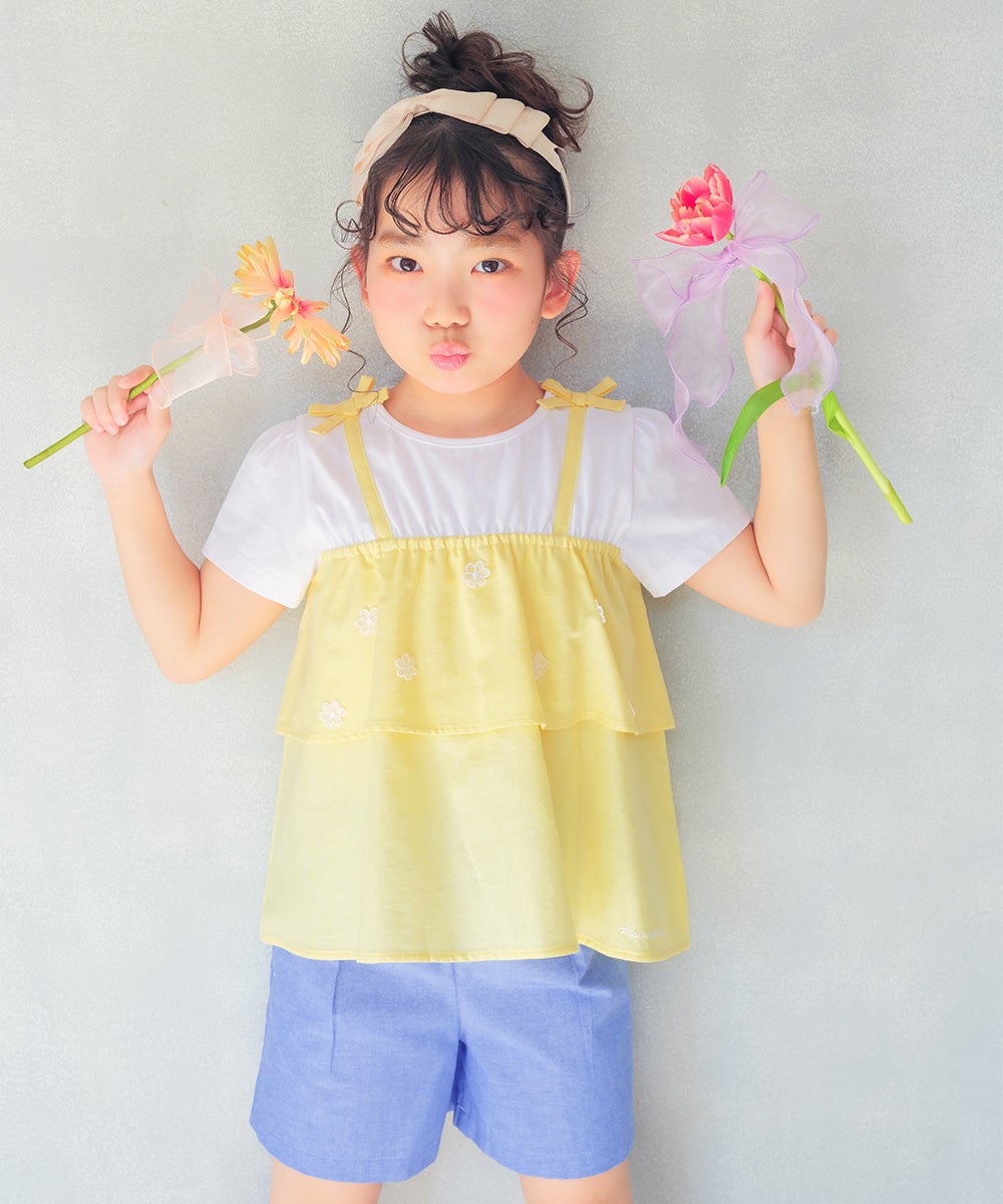 ベビー服 女の子 リボン付き ダンガリーショートパンツ ブルー(61) モデル画像アップ