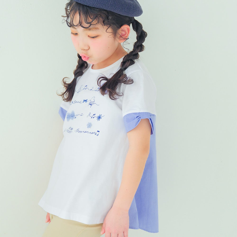 子供服 女の子 ピアノ＆音符プリント ストライプ切り替えTシャツ