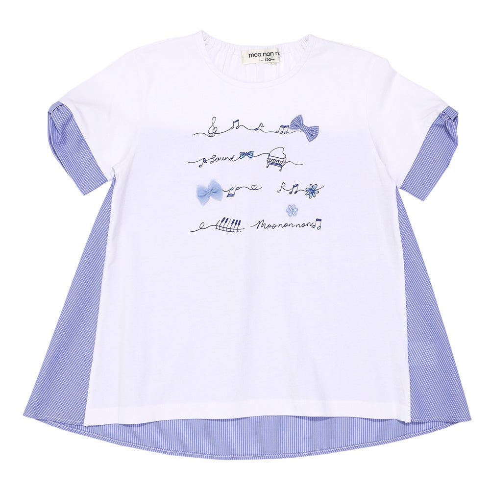 子供服 女の子 ピアノ＆音符プリント ストライプ切り替えTシャツ オフホワイト(11) 正面