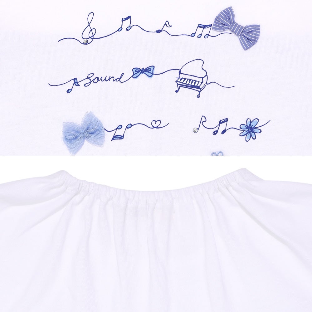 子供服 女の子 ピアノ＆音符プリント ストライプ切り替えTシャツ オフホワイト(11) デザインポイント1