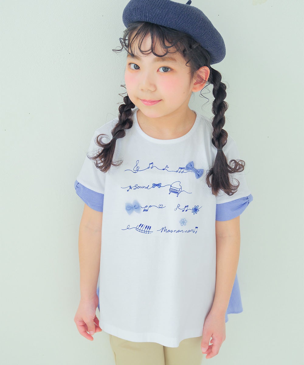 子供服 女の子 ピアノ＆音符プリント ストライプ切り替えTシャツ オフホワイト(11) モデル画像アップ