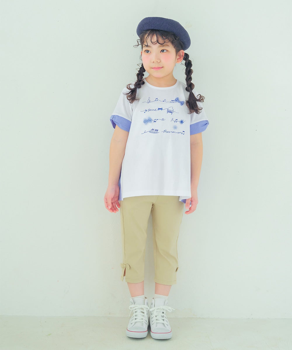 子供服 女の子 ピアノ＆音符プリント ストライプ切り替えTシャツ オフホワイト(11) モデル画像全身