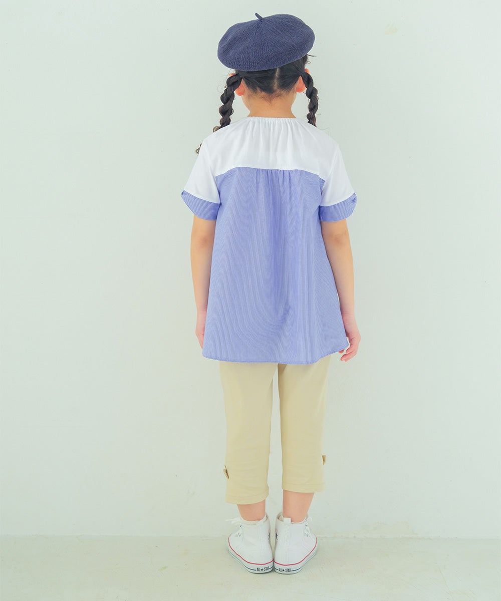 子供服 女の子 ピアノ＆音符プリント ストライプ切り替えTシャツ オフホワイト(11) モデル画像2