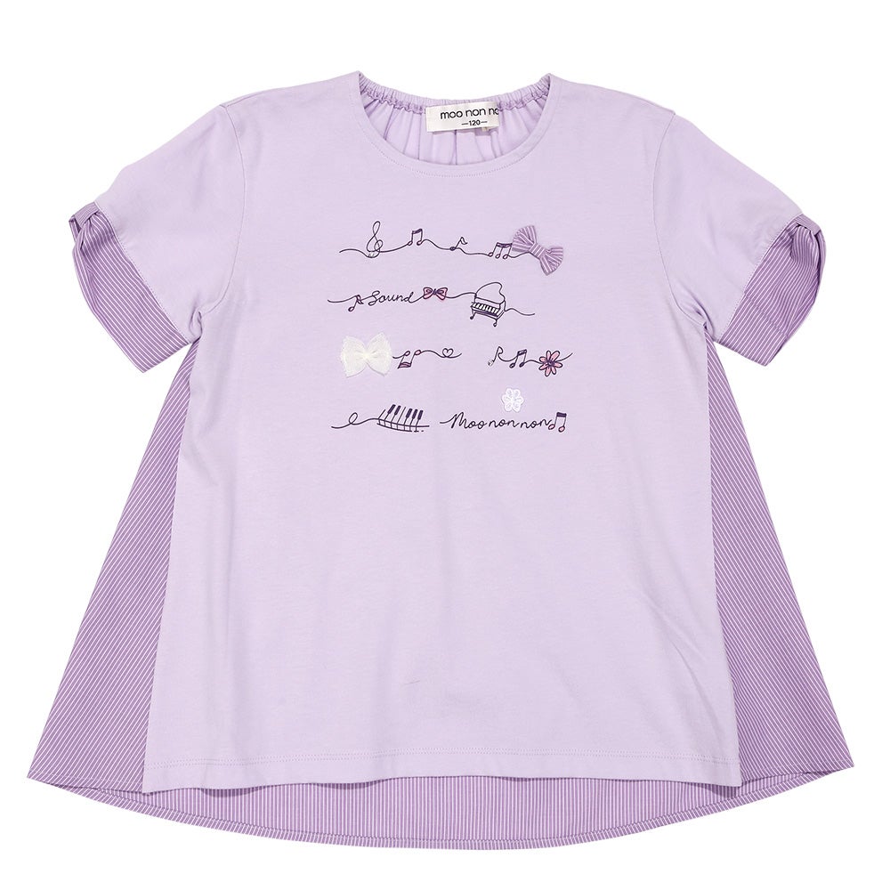 子供服 女の子 ピアノ＆音符プリント ストライプ切り替えTシャツ パープル(91) 正面