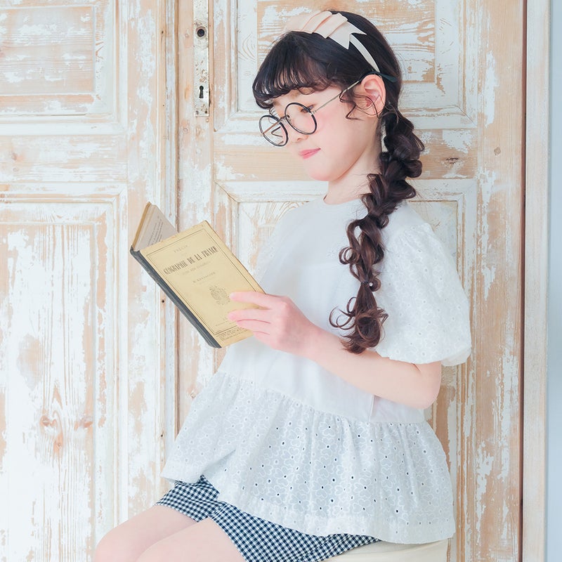 子供服 女の子 音符刺繍 花柄レース切り替えTシャツ