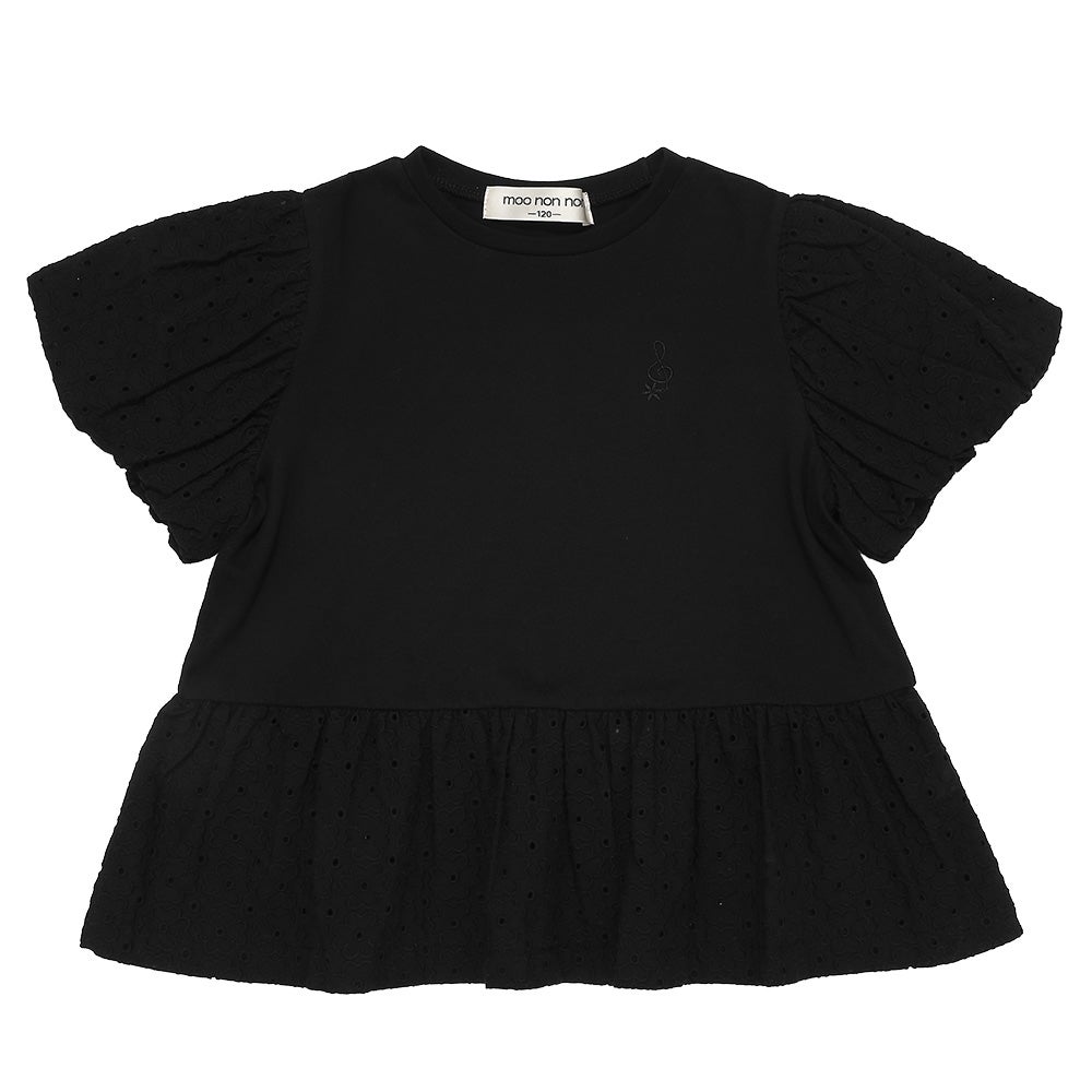 子供服 女の子 音符刺繍 花柄レース切り替えTシャツ ブラック(00) 正面