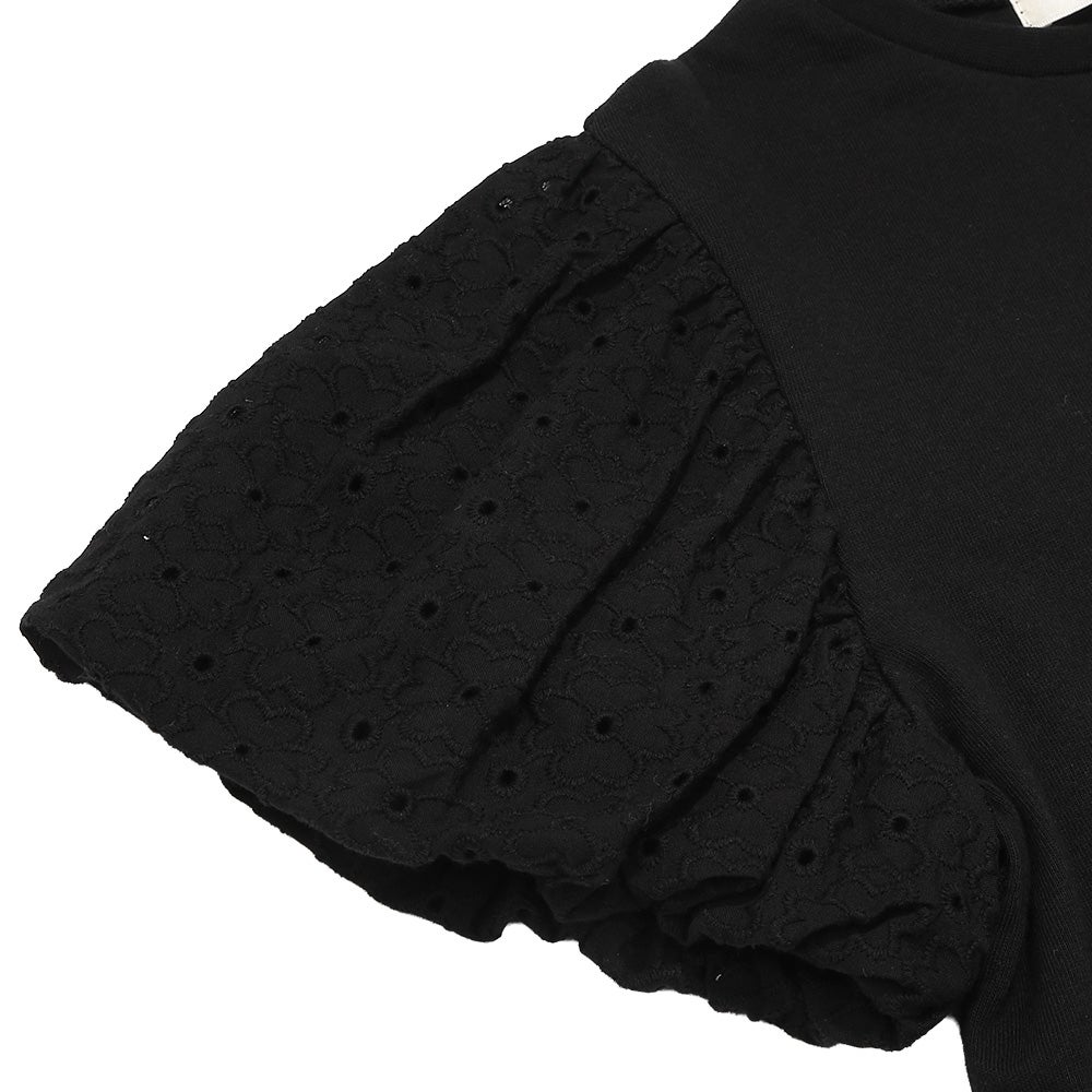 子供服 女の子 音符刺繍 花柄レース切り替えTシャツ ブラック(00) デザインポイント1