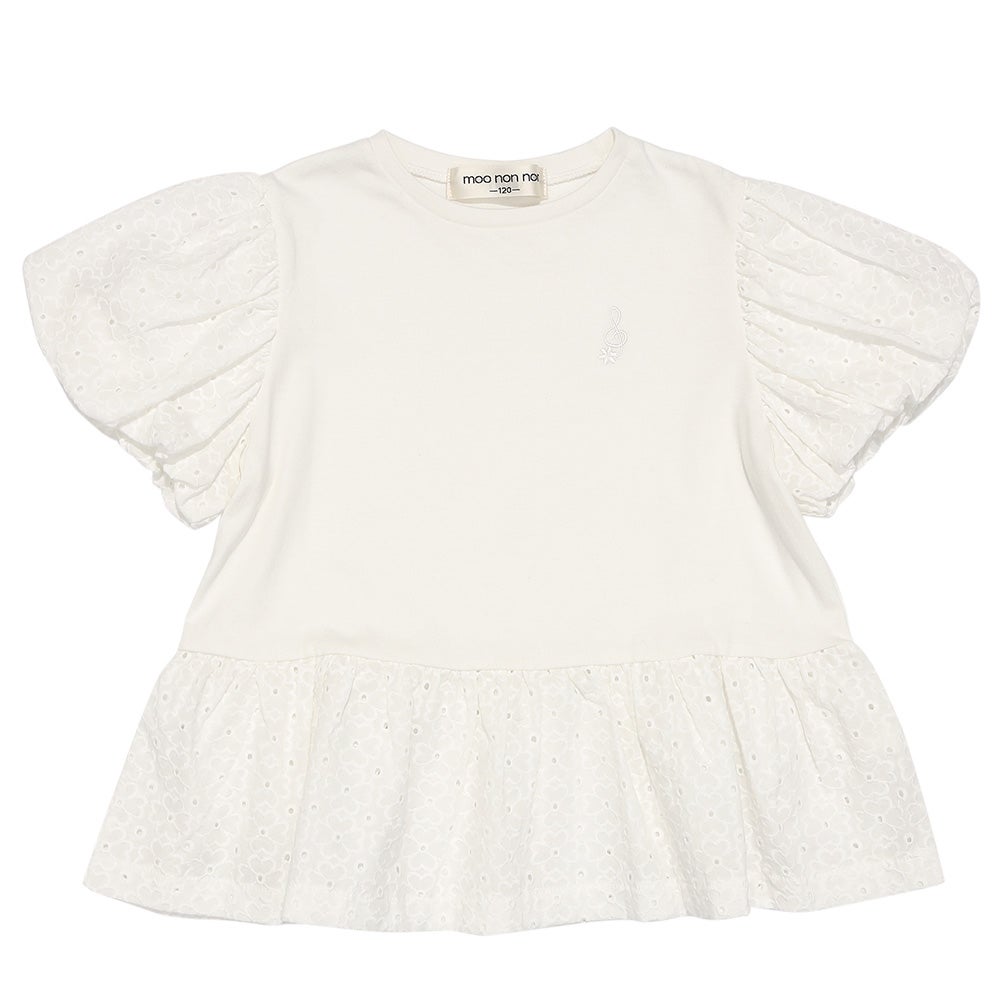 子供服 女の子 音符刺繍 花柄レース切り替えTシャツ オフホワイト(11) 正面