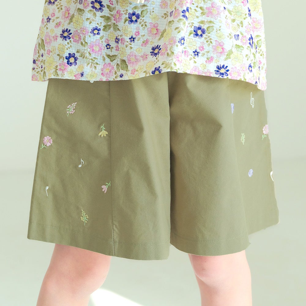 子供服 女の子 子ども服 こども キッズ ジュニア 綿100％ 音符 花 刺繍 ポケット ウエストゴム キュロットパンツ