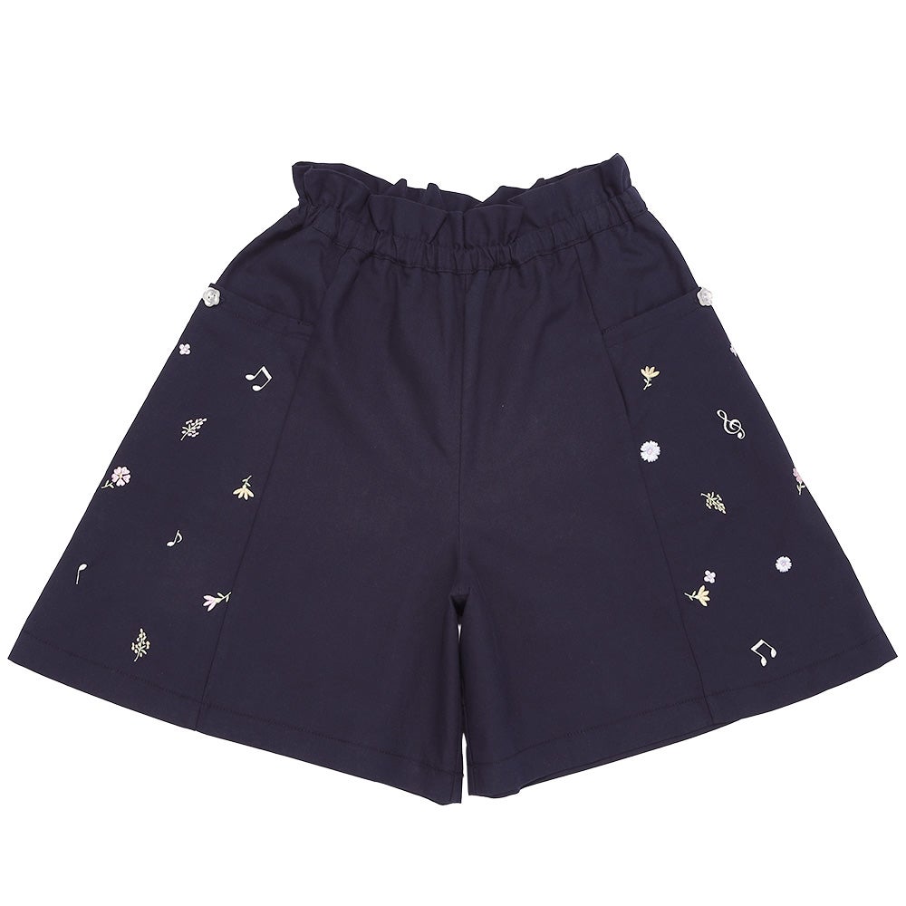 子供服 女の子 綿100％ 音符＆花刺繍 キュロットパンツ ネイビー(06) 正面