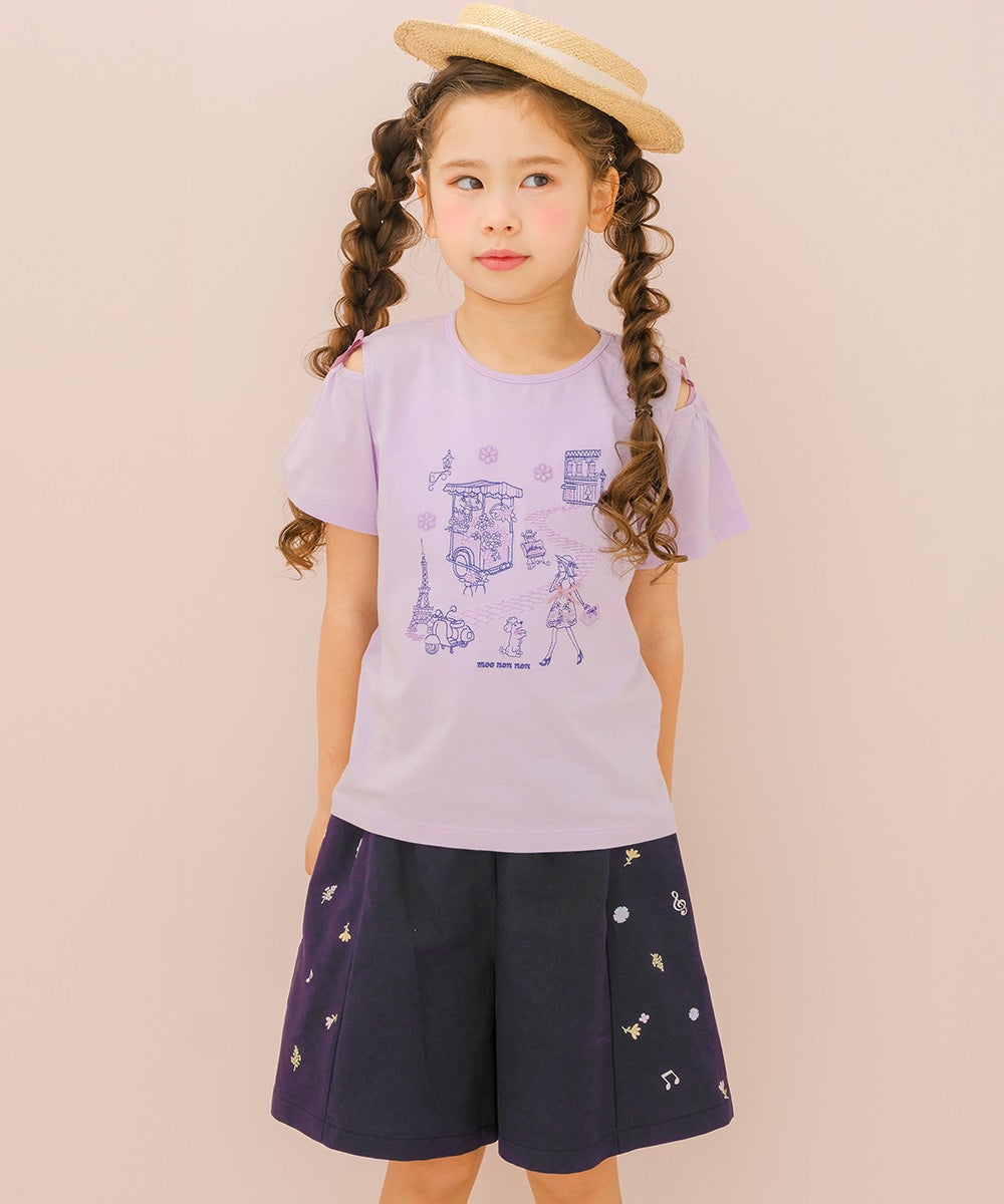 子供服 女の子 子ども服 こども キッズ ジュニア 綿100％ 音符 花 刺繍 ポケット ウエストゴム キュロットパンツ ネイビー(06) モデル画像アップ