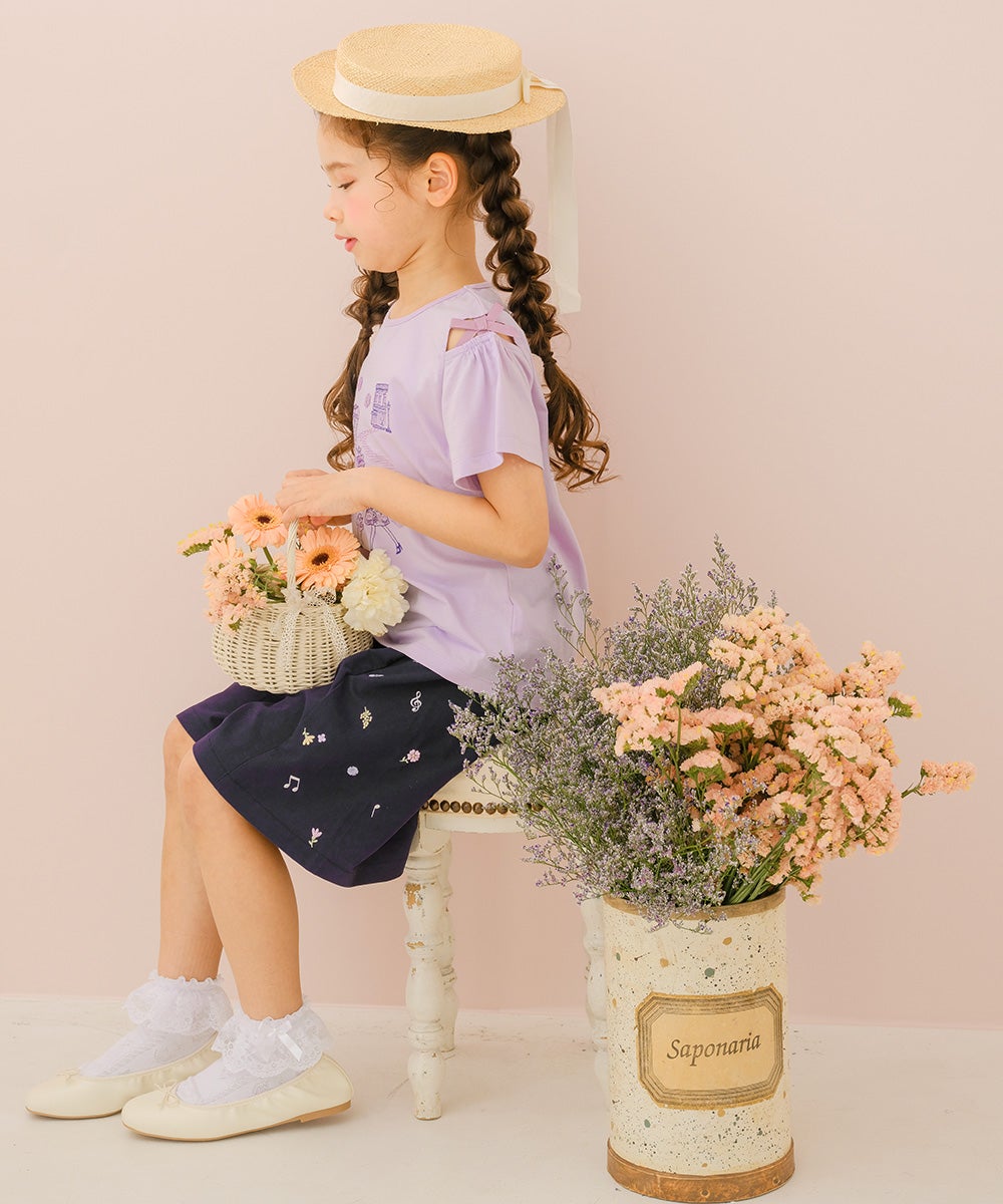 子供服 女の子 子ども服 こども キッズ ジュニア 綿100％ 音符 花 刺繍 ポケット ウエストゴム キュロットパンツ ネイビー(06) モデル画像2
