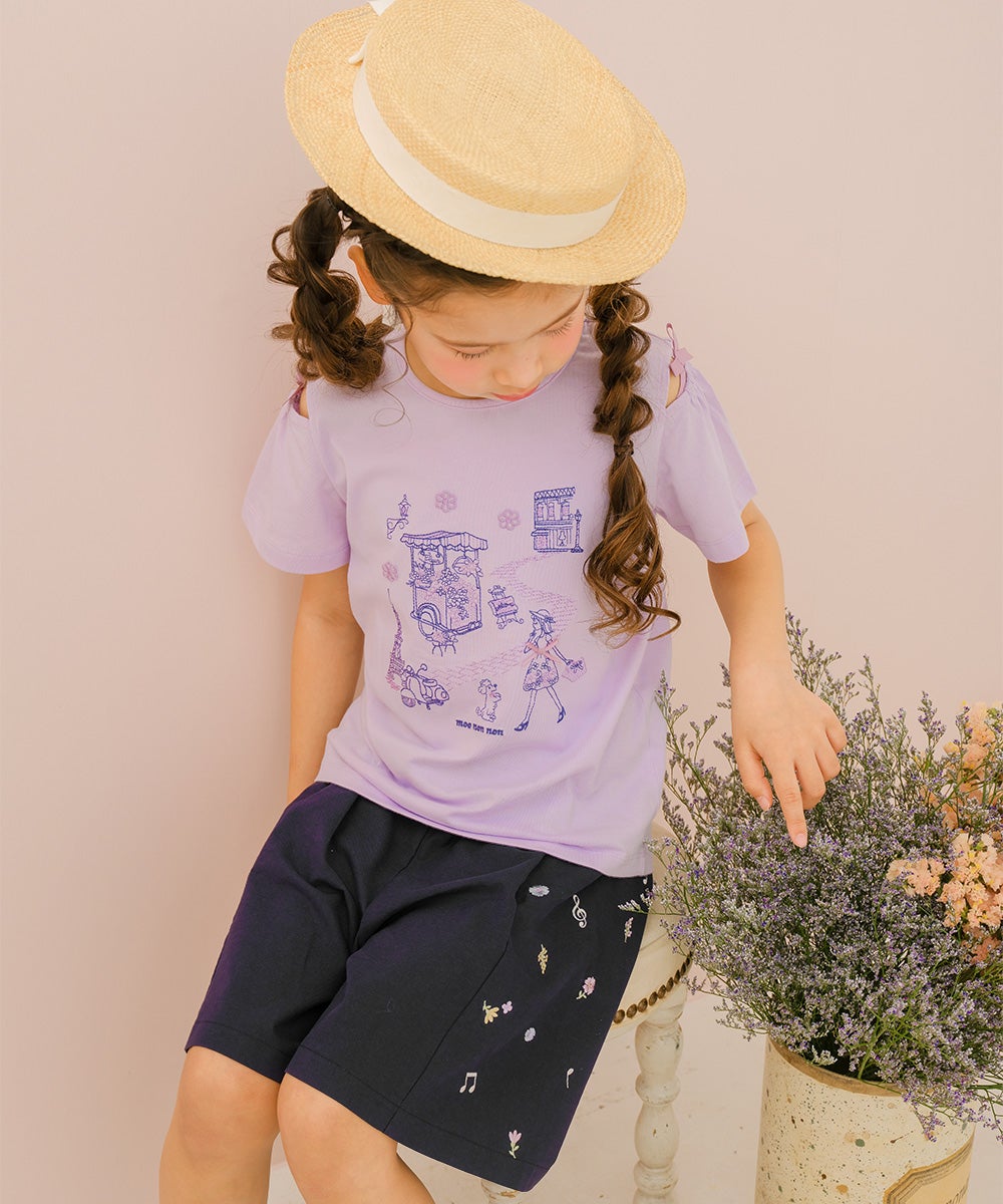子供服 女の子 子ども服 こども キッズ ジュニア 綿100％ 音符 花 刺繍 ポケット ウエストゴム キュロットパンツ ネイビー(06) モデル画像3