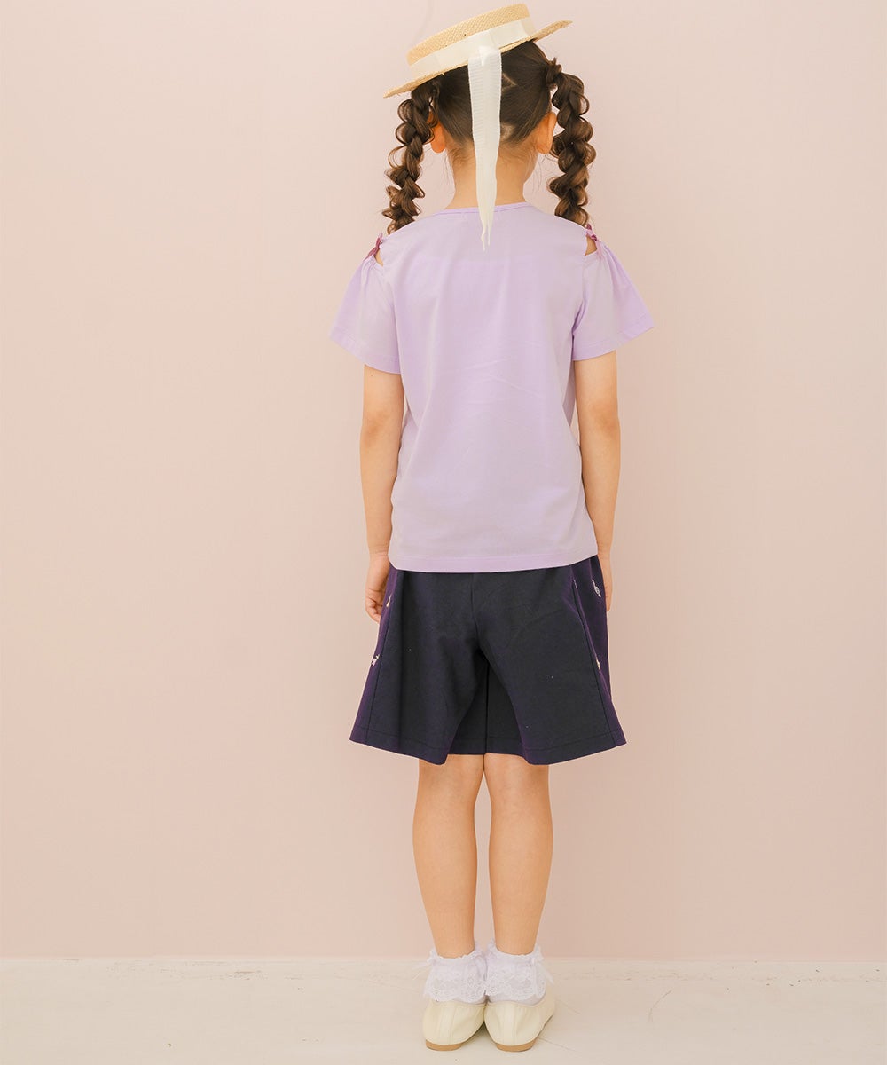 子供服 女の子 子ども服 こども キッズ ジュニア 綿100％ 音符 花 刺繍 ポケット ウエストゴム キュロットパンツ ネイビー(06) モデル画像4