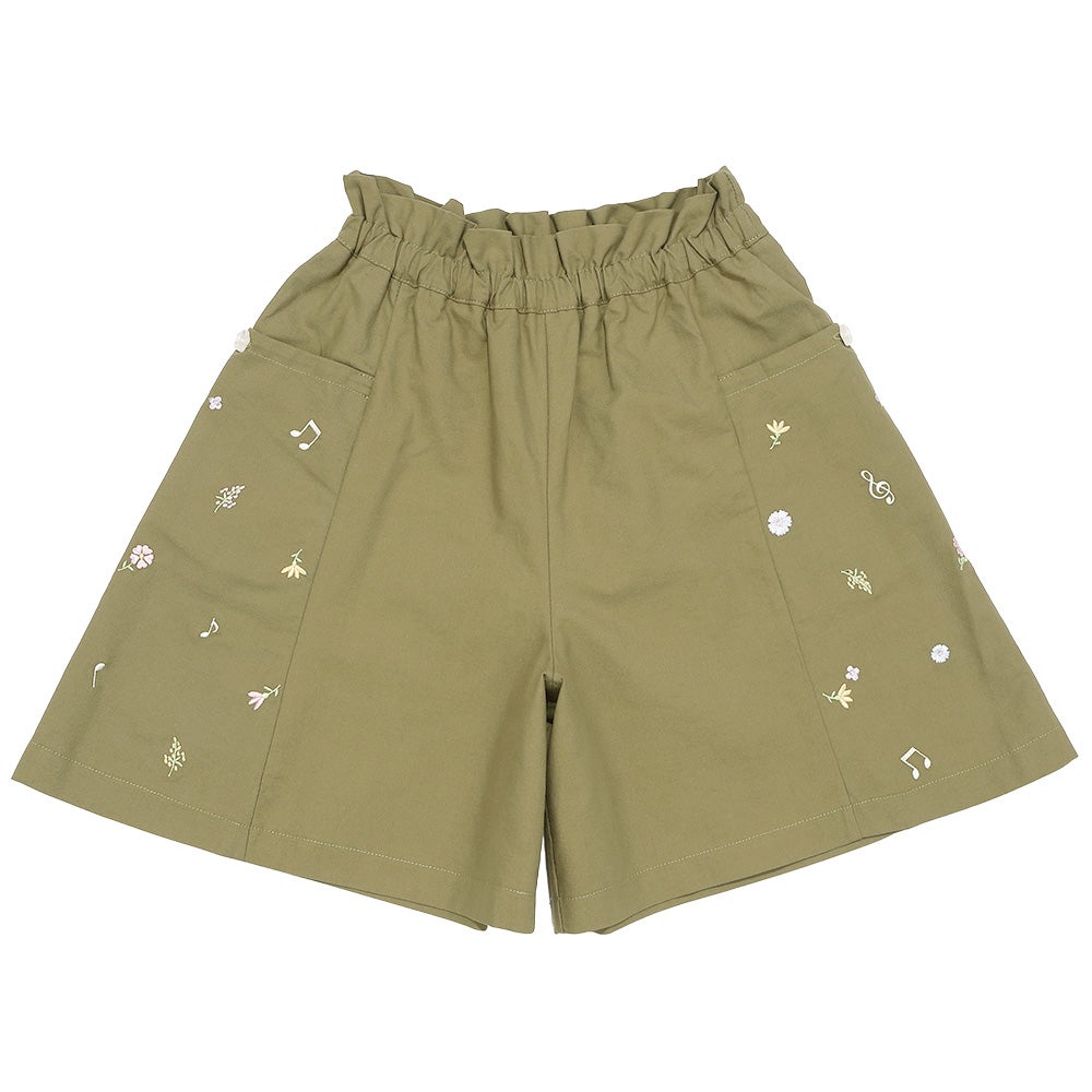 子供服 女の子 綿100％ 音符＆花刺繍 キュロットパンツ カーキ(82) 正面