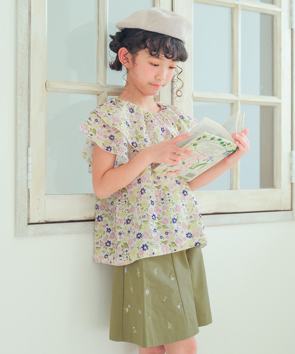 子供服 女の子 綿100％ 音符＆花刺繍 キュロットパンツ カーキ(82) モデル画像1