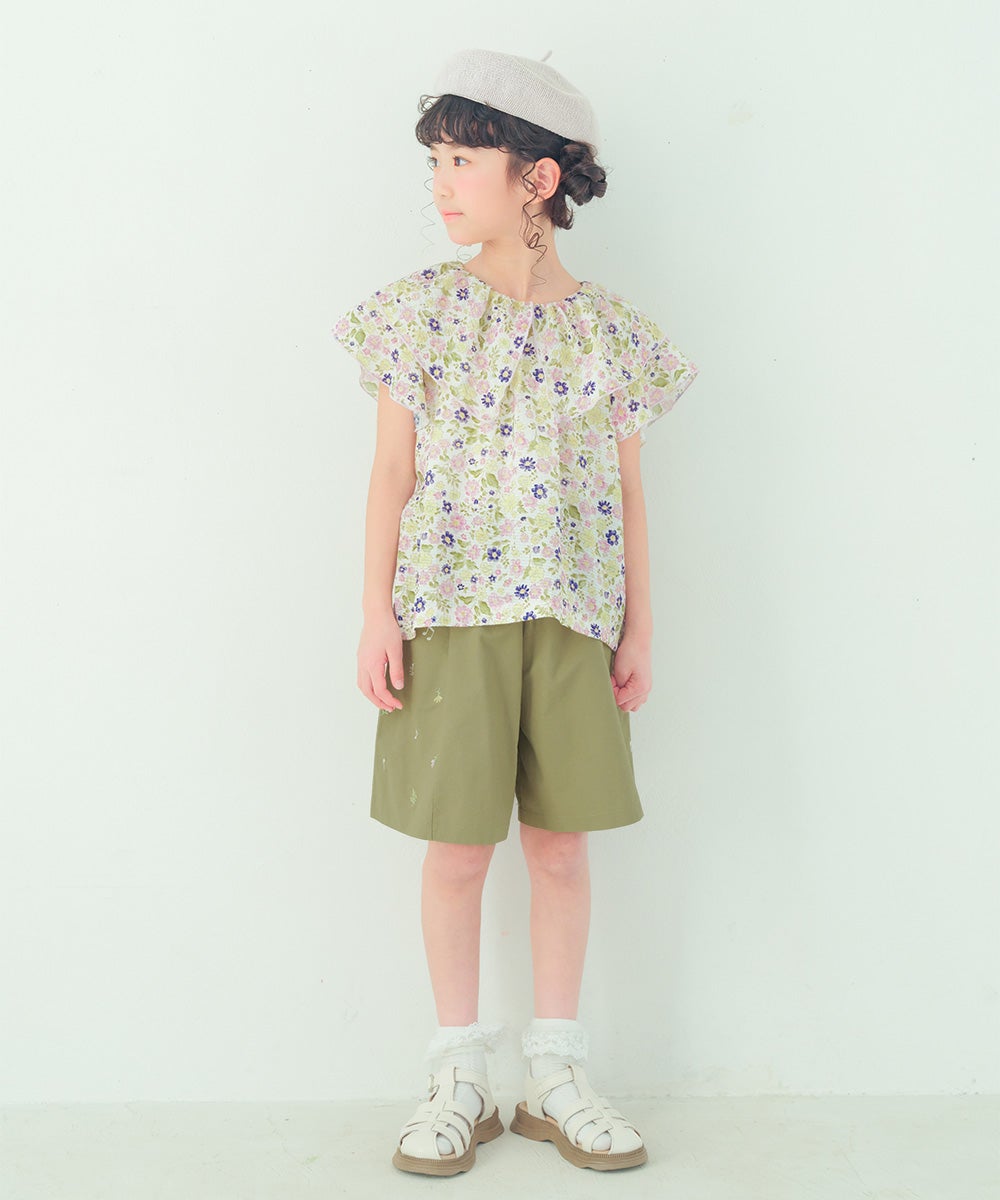 子供服 女の子 綿100％ 音符＆花刺繍 キュロットパンツ カーキ(82) モデル画像3