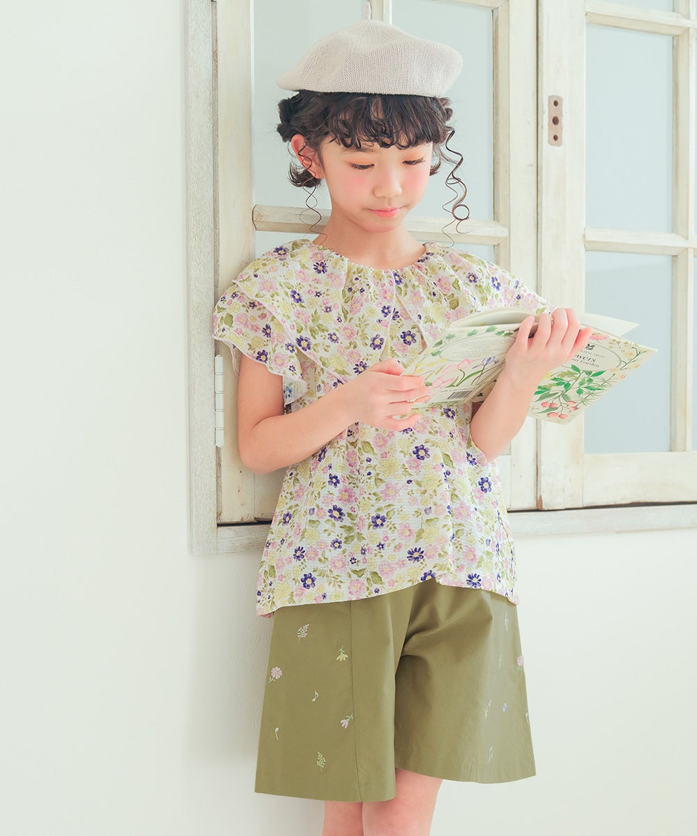子供服 女の子 綿100％ 音符＆花刺繍 キュロットパンツ カーキ(82) モデル画像4