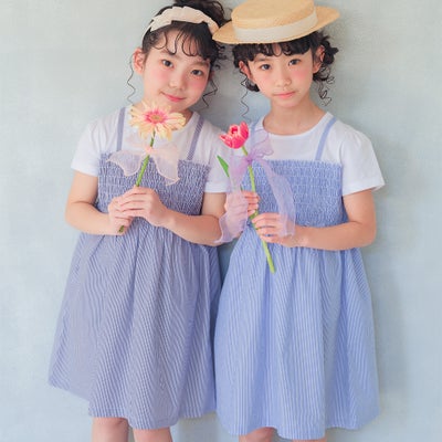 ベビー服 女の子 リボンつき ストライプ柄重ね着風ワンピース