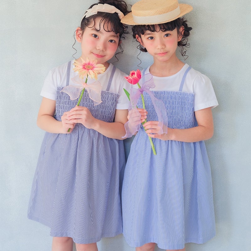 ベビー服 女の子 リボンつき ストライプ柄重ね着風ワンピース