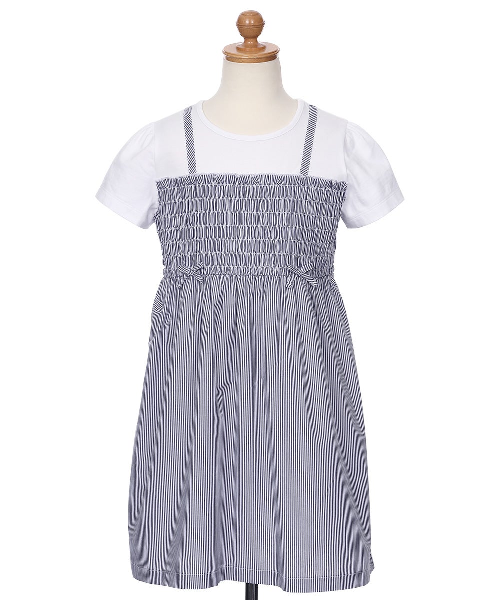 ベビー服 女の子 リボンつき ストライプ柄重ね着風ワンピース ネイビー(06) トルソー背面