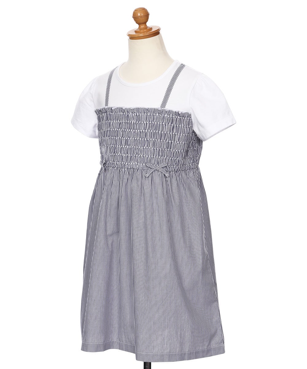 ベビー服 女の子 リボンつき ストライプ柄重ね着風ワンピース ネイビー(06) トルソー斜め