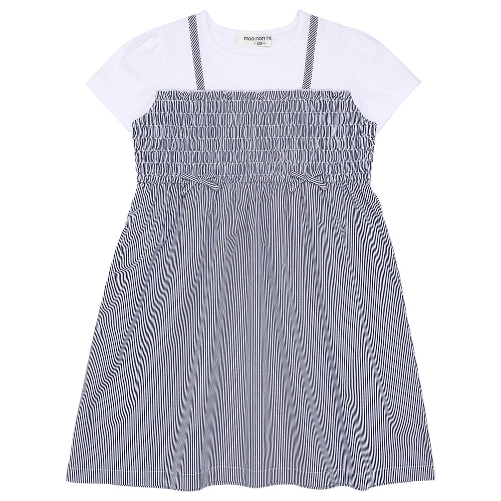 ベビー服 女の子 リボンつき ストライプ柄重ね着風ワンピース ネイビー(06) 正面