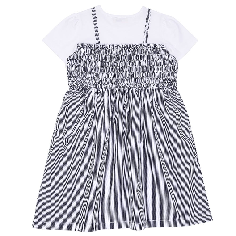 ベビー服 女の子 リボンつき ストライプ柄重ね着風ワンピース ネイビー(06) 背面
