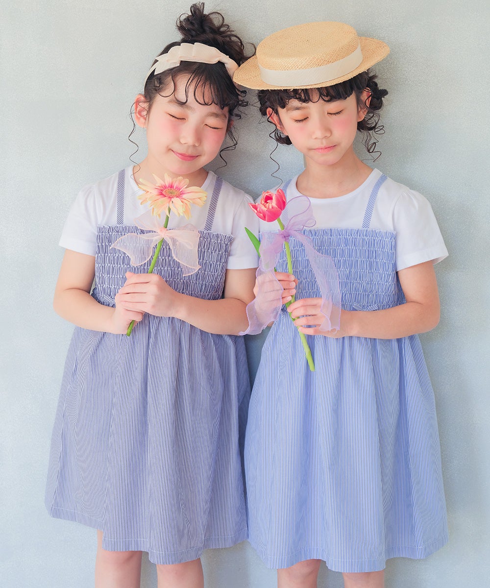 TIME SALE】リボンつき ストライプ柄重ね着風ワンピース｜ベビー・子供