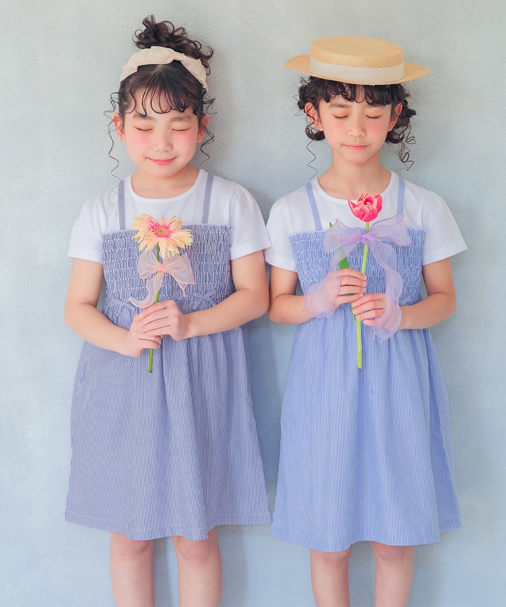 ベビー服 女の子 リボンつき ストライプ柄重ね着風ワンピース ネイビー(06) モデル画像3