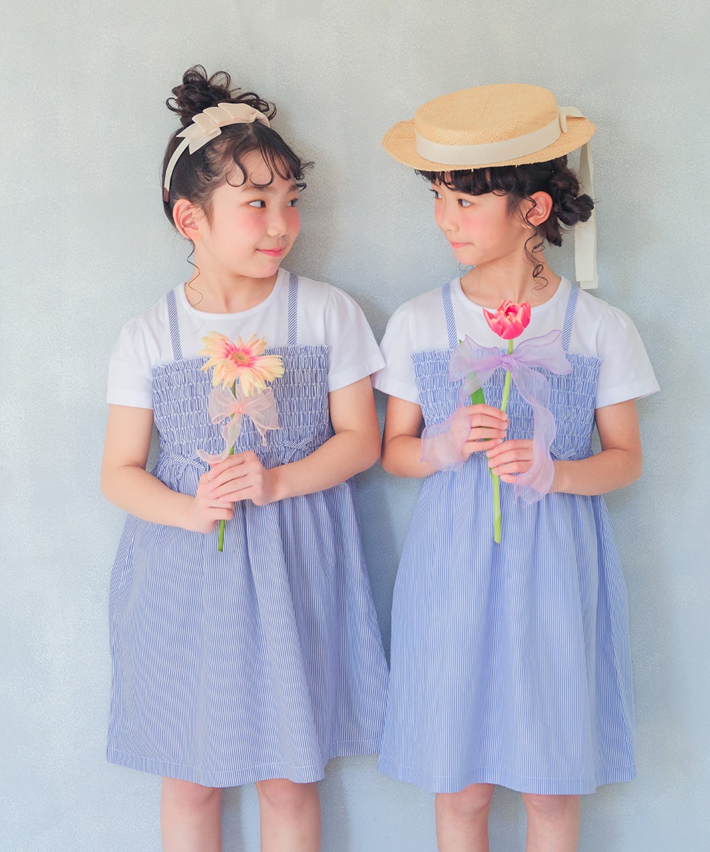 ベビー服 女の子 リボンつき ストライプ柄重ね着風ワンピース ネイビー(06) モデル画像4