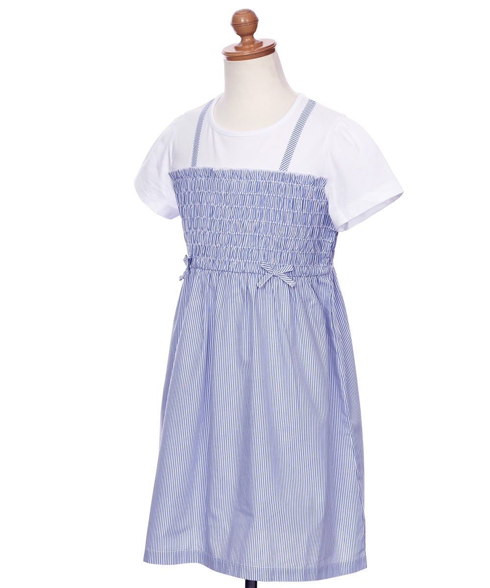 ベビー服 女の子 リボンつき ストライプ柄重ね着風ワンピース ブルー(61) トルソー斜め
